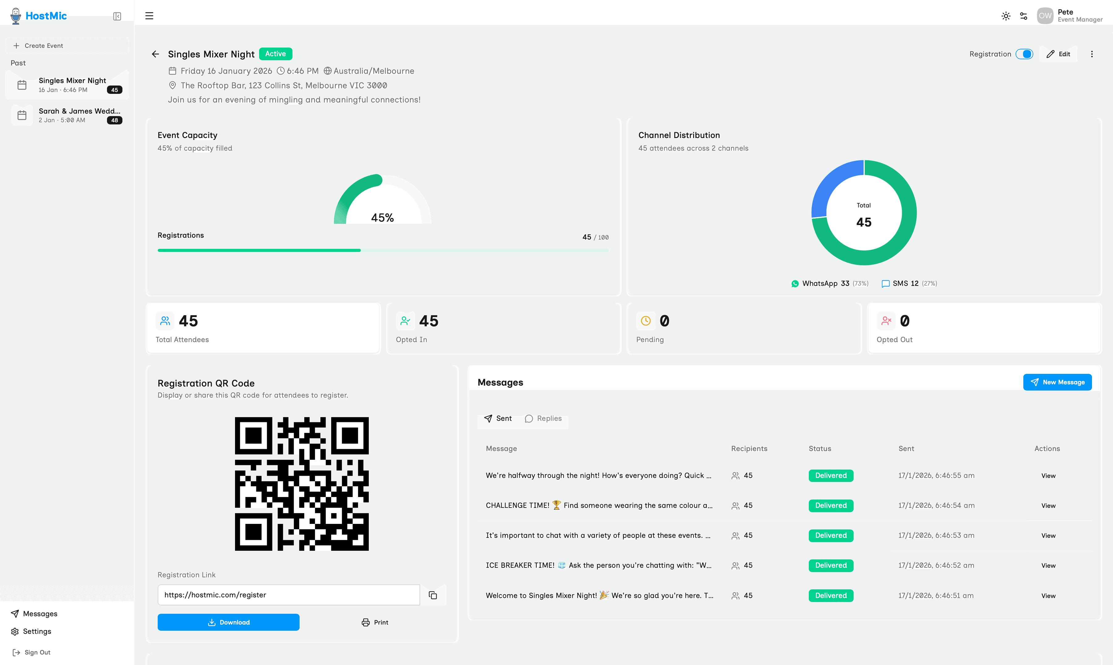 HostMic Event Dashboard showing event capacity, channel distribution, QR code registration, and message history