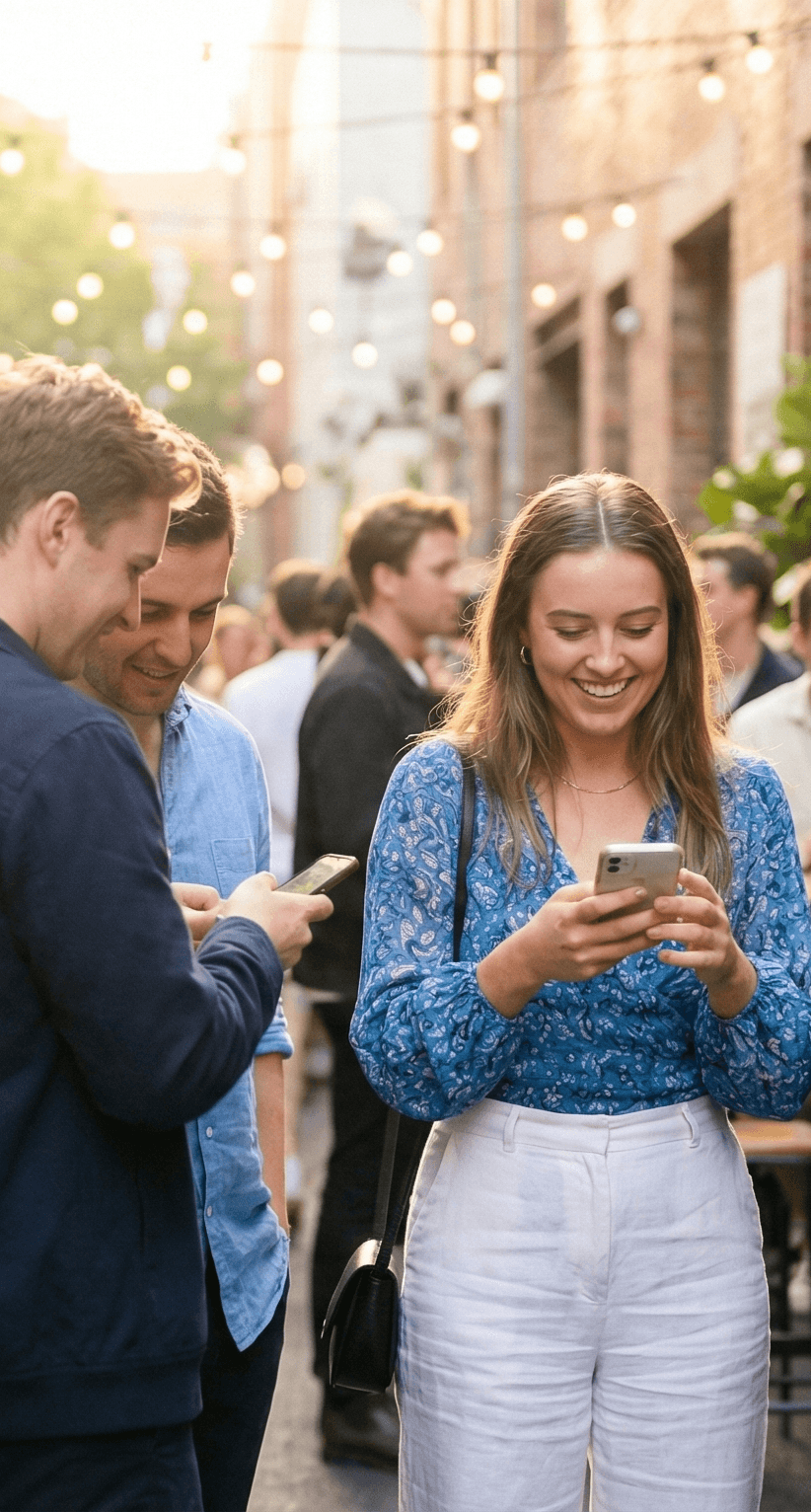 Event attendee at rooftop venue receiving message on phone
